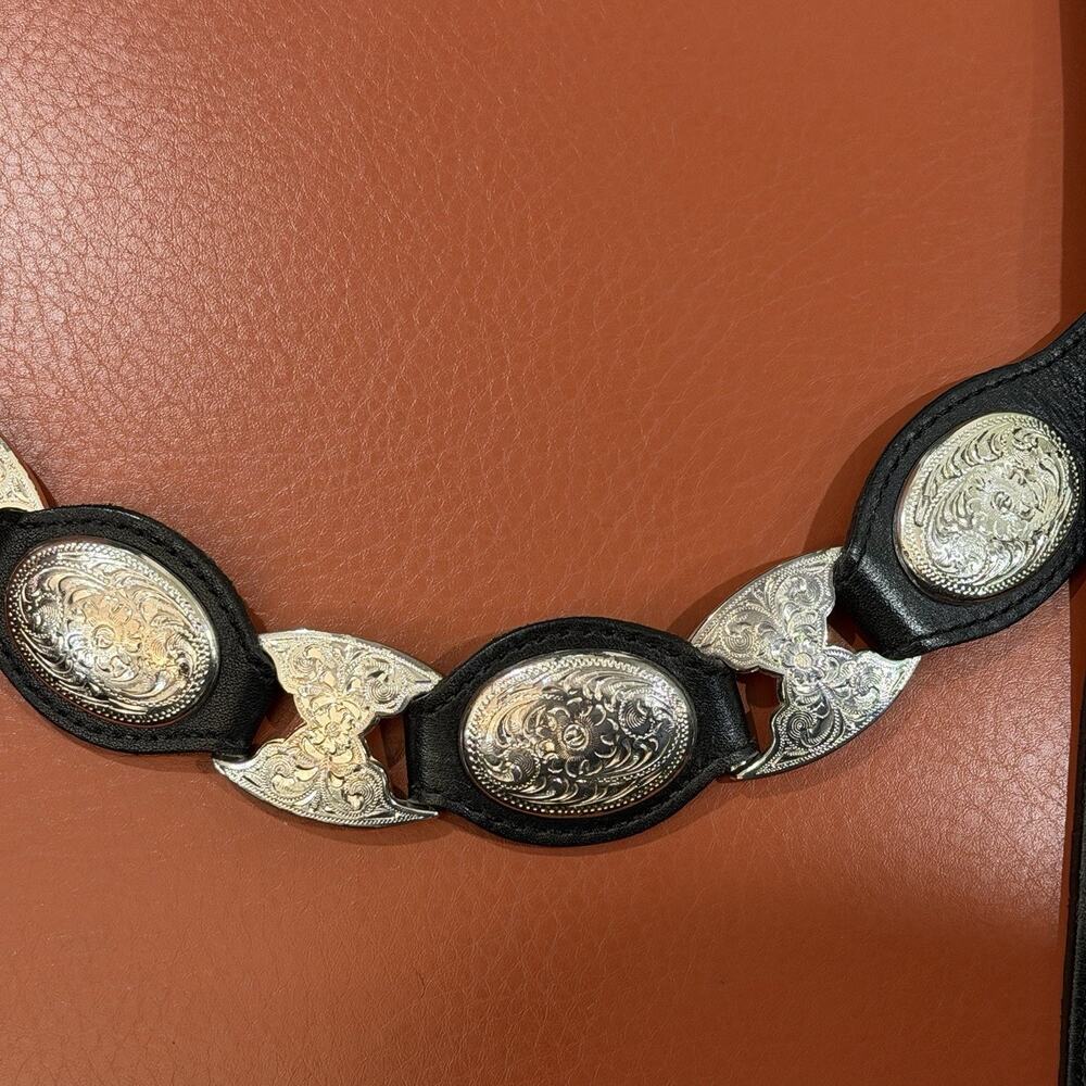 VINTAGE Tony Lama Western Concho Belt Sz 36 Black Leather Silver Tone USA 5293L - Picture 7 of 16